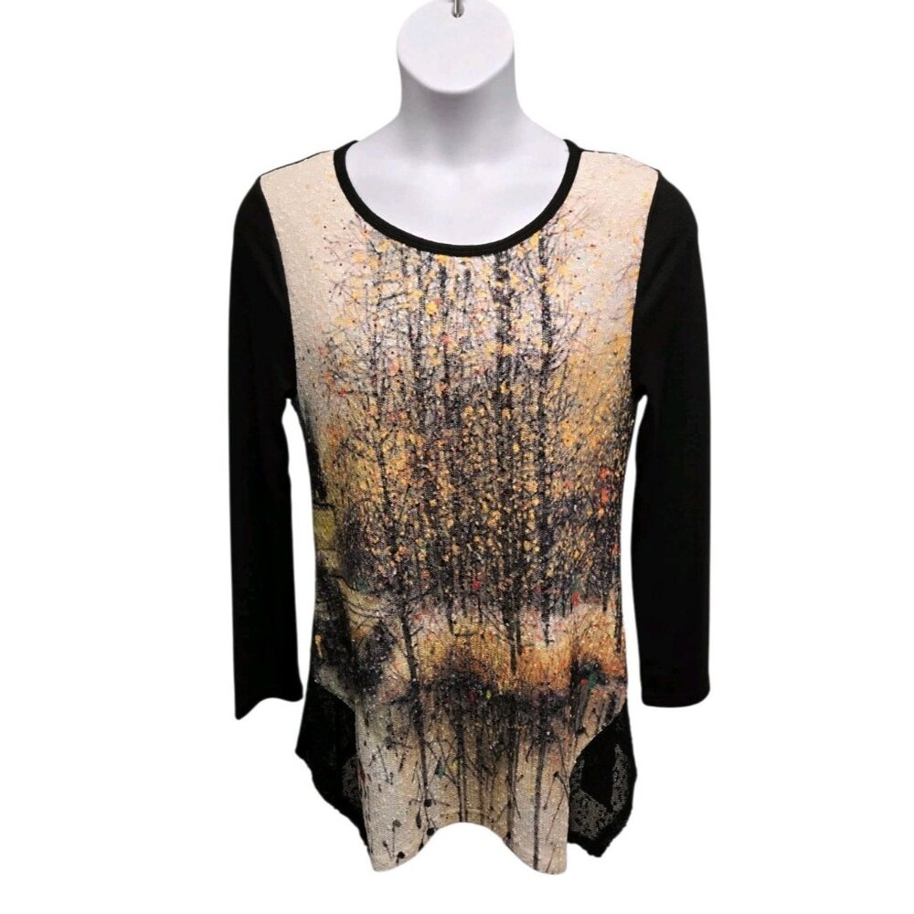 Flew De Lis Womens Large Black Knit  Forest Print Tunic Top Stretch Artsy Boho
